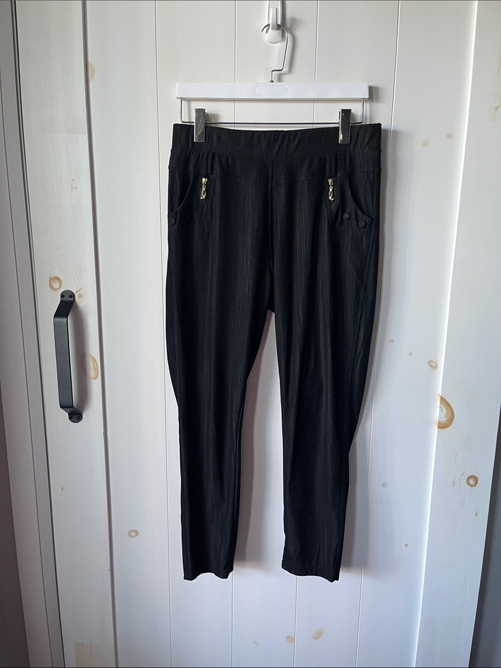 JVINI Black Stretch Pull-On Chinos with Gold Zipper Accents